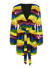 Load image into Gallery viewer, MULTI STRIPE SEQUIN WRAP DRESS WITH BALLOON SLEEVE