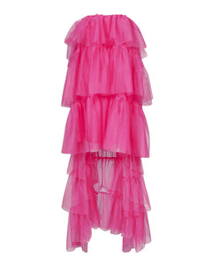 FUCHSIA STRAPLESS TIERED TULLE DRESS WITH HIGH LOW HEM