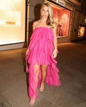 Load image into Gallery viewer, FUCHSIA STRAPLESS TIERED TULLE DRESS WITH HIGH LOW HEM