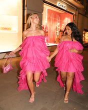 Load image into Gallery viewer, FUCHSIA STRAPLESS TIERED TULLE DRESS WITH HIGH LOW HEM