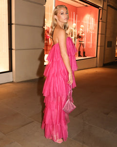 FUCHSIA STRAPLESS TIERED TULLE DRESS WITH HIGH LOW HEM