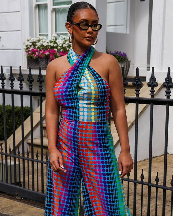 MULTI SPOT HALTER NECK JUMPSUIT WITH WIDE LEG