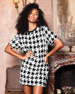 BLACK AND WHITE HOUNDSTOOTH SEQUIN OVERSIZED T-SHIRT DRESS