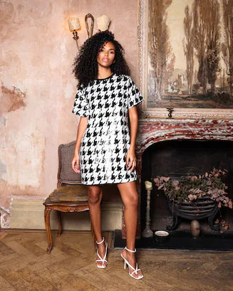 BLACK AND WHITE HOUNDSTOOTH SEQUIN OVERSIZED T SHIRT DRESS