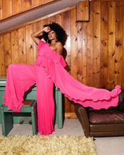 Load image into Gallery viewer, PINK PLISSE RUFFLE JUMPSUIT WITH ASYMMETRIC NECKLINE