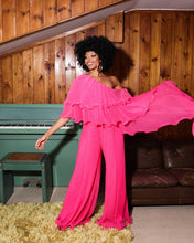 Load image into Gallery viewer, PINK PLISSE RUFFLE JUMPSUIT WITH ASYMMETRIC NECKLINE