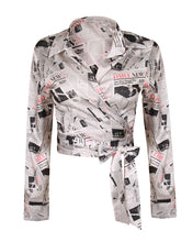 Load image into Gallery viewer, NEWSPAPER PRINT SATIN TIE SIDE SHIRT