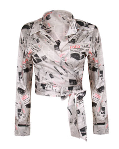 NEWSPAPER PRINT SATIN TIE SIDE SHIRT