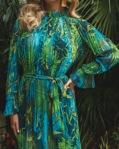 TROPICAL PRINT PLEATED MIDI DRESS