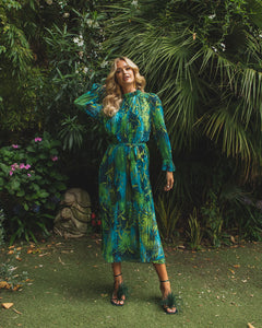TROPICAL PRINT PLEATED MIDI DRESS