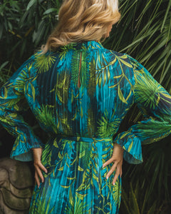 TROPICAL PRINT PLEATED MIDI DRESS