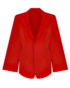 RED FITTED BLAZER WITH PLEATED SLEEVE DETAIL