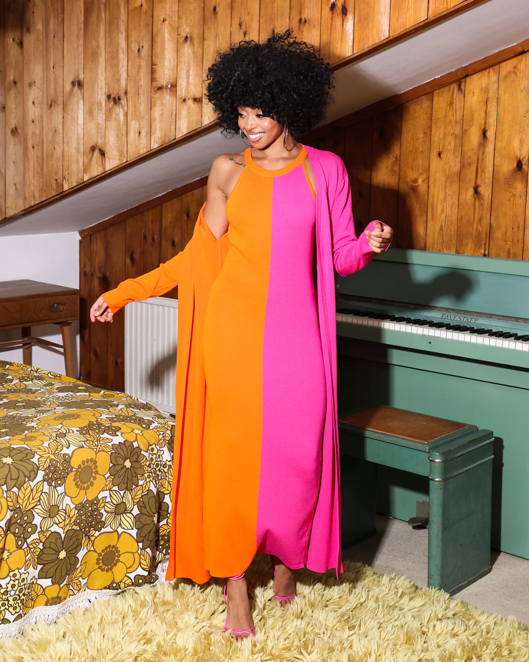 PINK AND ORANGE KNITTED LONGLINE CARDIGAN WITH SPLITS