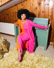 Load image into Gallery viewer, PINK AND ORANGE KNITTED LONGLINE CARDIGAN WITH SPLITS