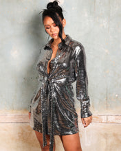 Load image into Gallery viewer, SILVER SEQUIN SHIRT DRESS WITH TIE FRONT