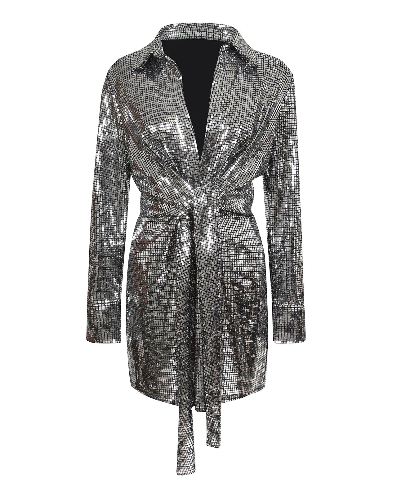 SILVER SEQUIN SHIRT DRESS WITH TIE FRONT Arelia's Dream SILVER SEQUIN SHIRT DRESS WITH TIE FRONT Arelia's Dream