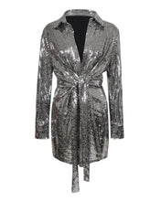 Load image into Gallery viewer, SILVER SEQUIN SHIRT DRESS WITH TIE FRONT