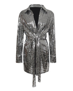 SILVER SEQUIN SHIRT DRESS WITH TIE FRONT