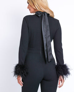 LIMITED EDITION BLACK JUMPSUIT WITH FUR CUFFS AND COLLAR DETAIL