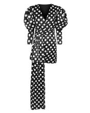 Load image into Gallery viewer, BLACK AND WHITE POLKA DOT MINI DRESS WITH PUFF SLEEVES AND DRAPE DETAIL