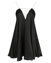 Load image into Gallery viewer, BLACK SATIN SWING DRESS WITH DIAMANTE TRIM