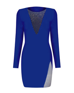 BLUE BANDAGE DRESS WITH DIAMANTE FISHNET INSERT