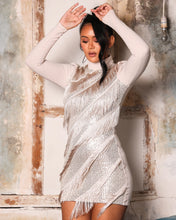 Load image into Gallery viewer, CHAMPAGNE SEQUIN MINI DRESS WITH FRINGE DETAIL