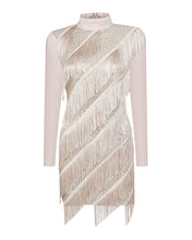 Load image into Gallery viewer, CHAMPAGNE SEQUIN MINI DRESS WITH FRINGE DETAIL