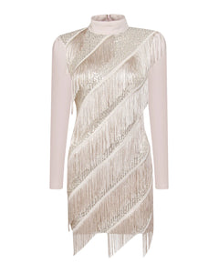 CHAMPAGNE SEQUIN MINI DRESS WITH FRINGE DETAIL