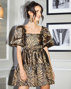 GOLD ZEBRA JACQUARD SMOCK DRESS WITH PUFF SLEEVE AND BELT DETAIL