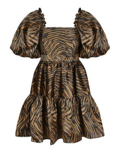 Load image into Gallery viewer, GOLD ZEBRA JACQUARD SMOCK DRESS WITH PUFF SLEEVE AND BELT DETAIL