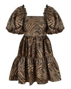 GOLD ZEBRA JACQUARD SMOCK DRESS WITH PUFF SLEEVE AND BELT DETAIL