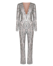 Load image into Gallery viewer, SILVER PATTERNED SEQUIN JUMPSUIT