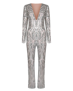 SILVER PATTERNED SEQUIN JUMPSUIT