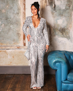 SILVER PATTERNED SEQUIN JUMPSUIT