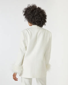 WHITE OVERSIZED BLAZER WITH FEATHER CUFFS