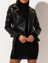 Load image into Gallery viewer, STAR AND STUDDED FAUX LEATHER MOTO JACKET