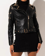 Load image into Gallery viewer, STAR AND STUDDED FAUX LEATHER MOTO JACKET