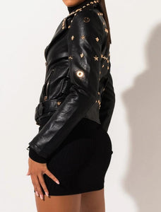 STAR AND STUDDED FAUX LEATHER MOTO JACKET