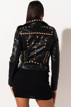 Load image into Gallery viewer, STAR AND STUDDED FAUX LEATHER MOTO JACKET
