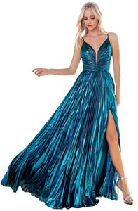 ILLUSION PLUNGING NECK METALLIC A-LINE GOWN