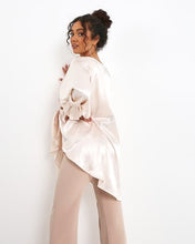 Load image into Gallery viewer, CHAMPAGNE SATIN TIE FRONT BLOUSE WITH ELASTIC CUFFS