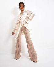 Load image into Gallery viewer, CHAMPAGNE SATIN TIE FRONT BLOUSE WITH ELASTIC CUFFS