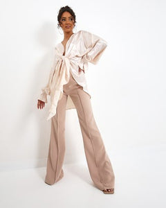 CHAMPAGNE SATIN TIE FRONT BLOUSE WITH ELASTIC CUFFS