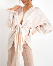 Load image into Gallery viewer, CHAMPAGNE SATIN TIE FRONT BLOUSE WITH ELASTIC CUFFS