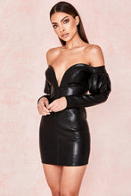 Load image into Gallery viewer, KABIRA BLACK VEGAN LEATHER PUFF SLEEVE DRESS