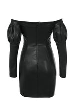 Load image into Gallery viewer, KABIRA BLACK VEGAN LEATHER PUFF SLEEVE DRESS