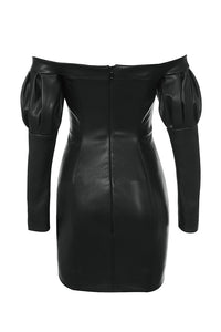 KABIRA BLACK VEGAN LEATHER PUFF SLEEVE DRESS