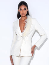 Load image into Gallery viewer, YULIA CREAM WHITE SUIT BLAZER WITH FEATHER TRIM
