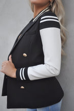 Load image into Gallery viewer, ELLA BLACK VEGAN LEATHER VARSITY BLAZER JACKET
